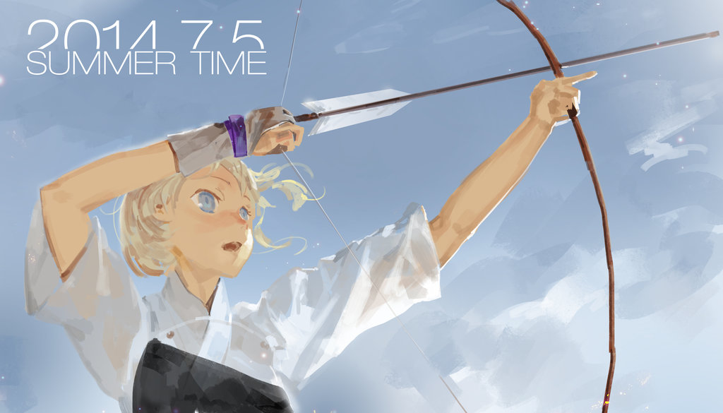 1girl arrow blonde_hair blue_eyes blue_sky bow_(weapon) cloud cloudy_sky dated day el-zheng english floating_hair holding holding_bow_(weapon) holding_weapon muneate open_mouth original outdoors short_sleeves sky solo summer weapon yumi_(bow)