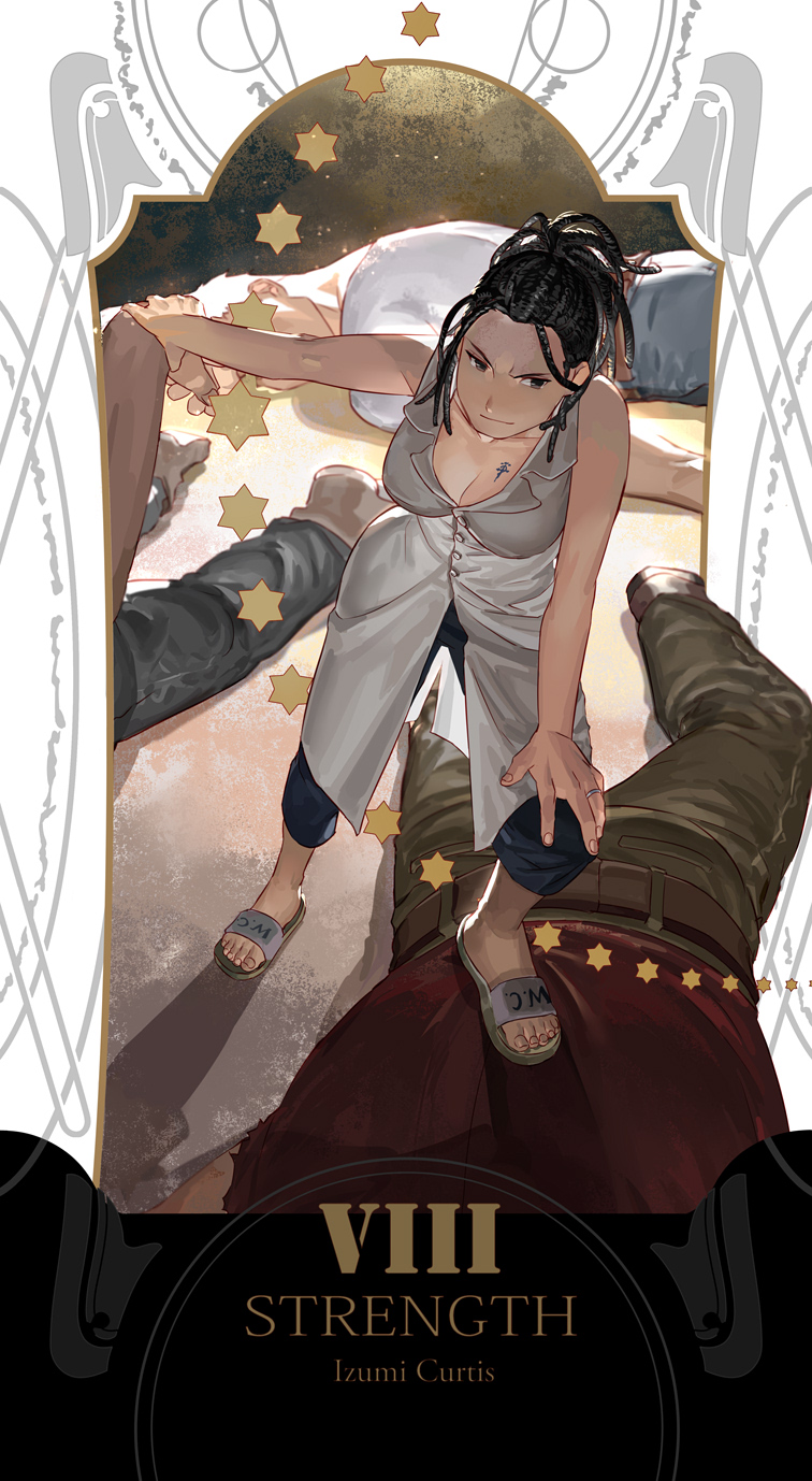 3boys black_hair breast_tattoo breasts character_name cleavage collarbone defeat flamel_symbol flip-flops fullmetal_alchemist hairlocs hand_on_own_knee head_out_of_frame highres holy_pumpkin izumi_curtis jewelry looking_at_viewer md5_mismatch multiple_boys out_of_frame outside_border ring sandals smile solo_focus standing standing_on_person star stepped_on tarot tattoo toes unbuttoned unconscious wedding_ring