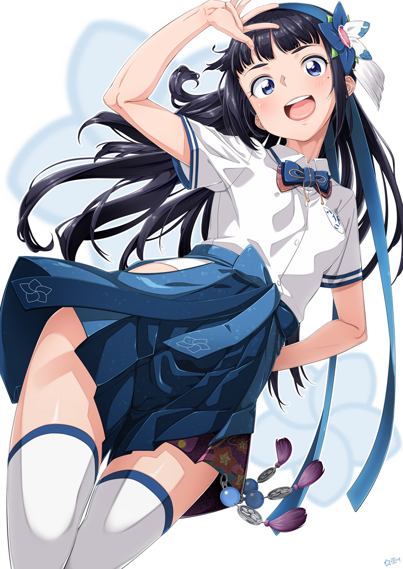 :d aishou_shuppan aoi_ch. bangs bare_arms black_hair blue_bow blue_eyes blue_hakama blue_headband blue_neckwear blue_skirt blush bow breast_pocket breasts buttons collared_shirt covered_nipples dress_shirt eyebrows fuji_aoi hakama hakama_skirt hand_up headband japanese_clothes long_hair looking_at_viewer miniskirt mole mole_under_eye open_mouth pocket shirt short_sleeves skirt small_breasts smile solo tassel teeth thighhighs tongue virtual_youtuber white_legwear white_shirt zettai_ryouiki