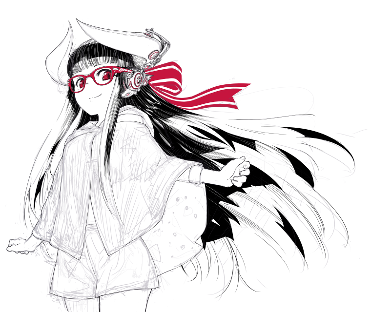 blunt_bangs closed_mouth commentary_request cowboy_shot floating_hair glasses hair_ribbon headphones horned_girl_(jaco) horns jaco long_hair long_sleeves looking_at_viewer original poncho red_eyes ribbon simple_background sketch smile spot_color standing unfinished very_long_hair white_background