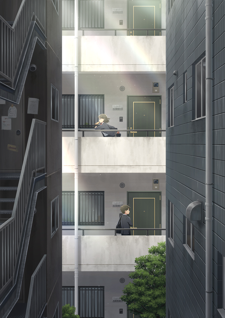 1girl apartment bag bread brown_hair commentary day door food food_in_mouth hirose_yuki looking_away mouth_hold original outdoors pipes profile railing running scenery school_uniform short_hair standing toast toast_in_mouth tree window