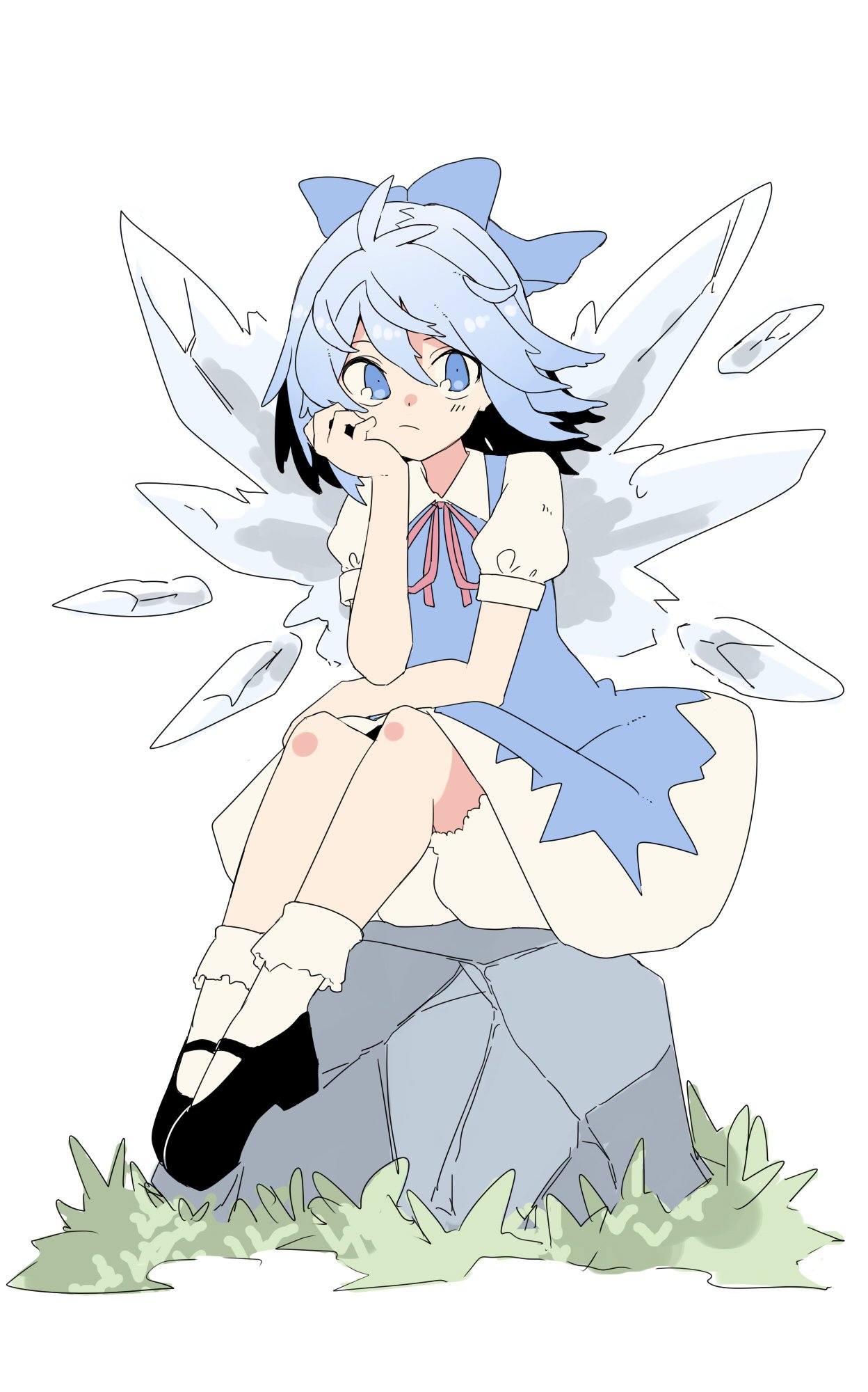 banana_takemura bloomers blue_bow blue_dress blue_eyes blue_hair blue_ribbon bored bow cirno dress full_body grass hair_bow hand_on_own_chin highres ice ice_wings legs_together mary_janes puffy_short_sleeves puffy_sleeves red_ribbon ribbon rock shoes short_hair short_sleeves sitting sitting_on_object solo touhou underwear white_background white_bloomers white_legwear wing_collar wings