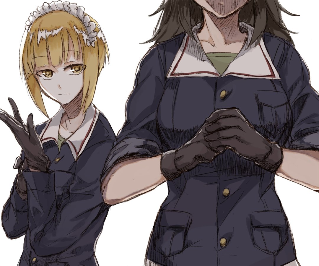 :| bangs black_gloves black_hair blonde_hair blue_jacket blunt_bangs clenched_hand closed_mouth commentary cutlass_(girls_und_panzer) dixie_cup_hat eyebrows_visible_through_hair fist_in_hand girls_und_panzer gloves green_shirt hands_together hat head_out_of_frame jacket long_hair long_sleeves looking_at_another maid_headdress military military_hat military_uniform multiple_girls murakami_(girls_und_panzer) ooarai_military_uniform shirt short_hair simple_background sleeves_rolled_up standing uniform upper_body white_background yellow_eyes yuuyu_(777)