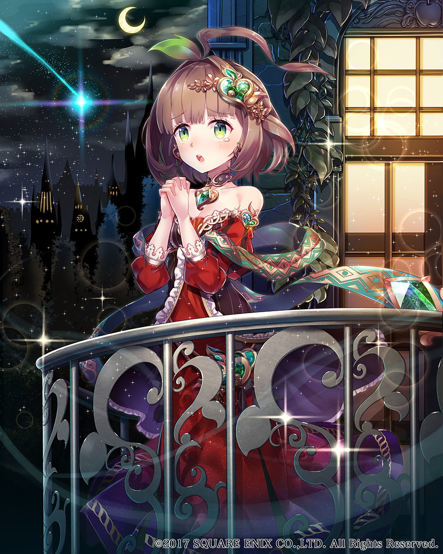 ahoge balcony bare_shoulders blush brown_hair character_request cloud crescent_moon dress full_body green_eyes hair_ornament hands_together looking_at_viewer medium_hair moon night night_sky official_art open_mouth outdoors red_dress sky sparkle standing tearing_up toshi_gahara tower tree venus_rumble watermark window