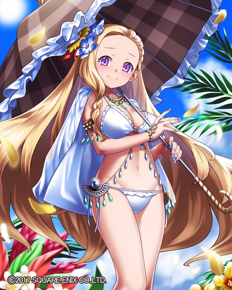 armlet bikini blue_nails blue_sky blush breasts brown_umbrella dated day flower frilled_underwear groin hair_flower hair_ornament hm_(tolosalmon) isis_(venus_rumble) jewelry long_hair medium_breasts nail_polish navel necklace official_art outdoors over_shoulder parasol purple_eyes sky smile solo standing swimsuit umbrella venus_rumble very_long_hair watermark white_bikini