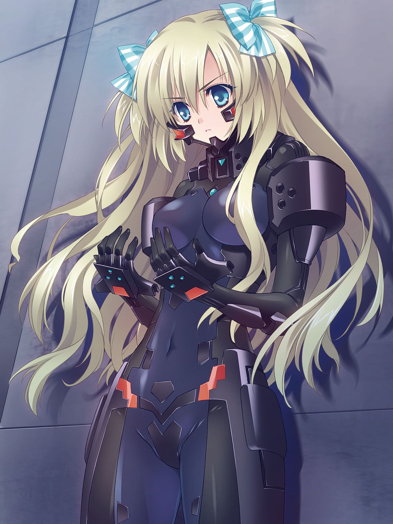 blonde_hair blue_eyes blue_ribbon bodysuit bow breasts carnelian closed_mouth covered_navel crotch_plate emblem groin hair_bow highres liz_hohenstein long_hair looking_down muvluv muvluv_alternative pilot_suit ribbon schwarzesmarken skin_tight standing