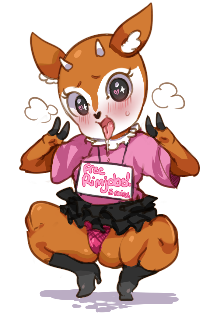 &lt;3 &lt;3_eyes 2018 aggressive_retsuko antelope blush breasts butt butt_from_front clothed clothing digital_media_(artwork) double_v_sign drooling female footwear gazelle high_heels horn lightsource mammal microskirt open_mouth panties prostitution saliva sanrio shirt shoes short_stack sign simple_background solo thick_thighs tongue tsunoda underwear v_sign