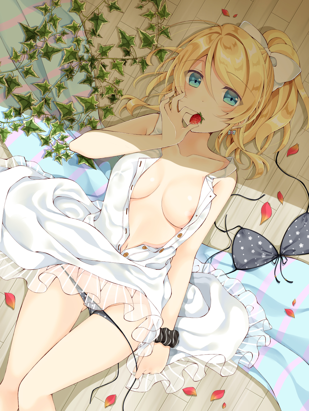 areolae ass_visible_through_thighs ayase_eli black_scrunchie blonde_hair blue_eyes bow bra bra_removed breasts commentary_request dress dress_lift food fruit hair_between_eyes hair_bow highres ivy looking_at_viewer love_live! love_live!_school_idol_project lying medium_breasts mogu_(au1127) navel no_bra on_back on_floor open_clothes open_dress panties panty_pull petals plant polka_dot polka_dot_bra scrunchie solo strawberry striped striped_scrunchie striped_towel thigh_gap towel unbuttoned underwear vines white_bow white_dress wooden_floor wrist_scrunchie