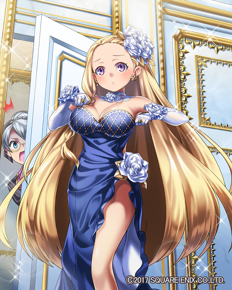 :o bad_arm bare_shoulders blonde_hair blue_dress blue_eyes blush braid breasts bridal_gauntlets clenched_hand dress earrings flower formal glasses gloves grey_hair hair_flower hair_ornament hm_(tolosalmon) indoors isis_(venus_rumble) jewelry large_breasts looking_at_viewer multiple_girls official_art peeking purple_eyes ring short_hair silver_hair solo_focus sparkle standing venus_rumble white_gloves