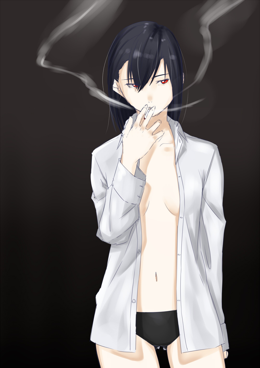 black_hair black_panties cigarette female_admiral_(kantai_collection) hair_between_eyes highres kantai_collection long_hair looking_to_the_side niwatazumi no_bra open_clothes original panties red_eyes smoke smoking solo tatebayashi_sakurako unbuttoned unbuttoned_shirt underwear