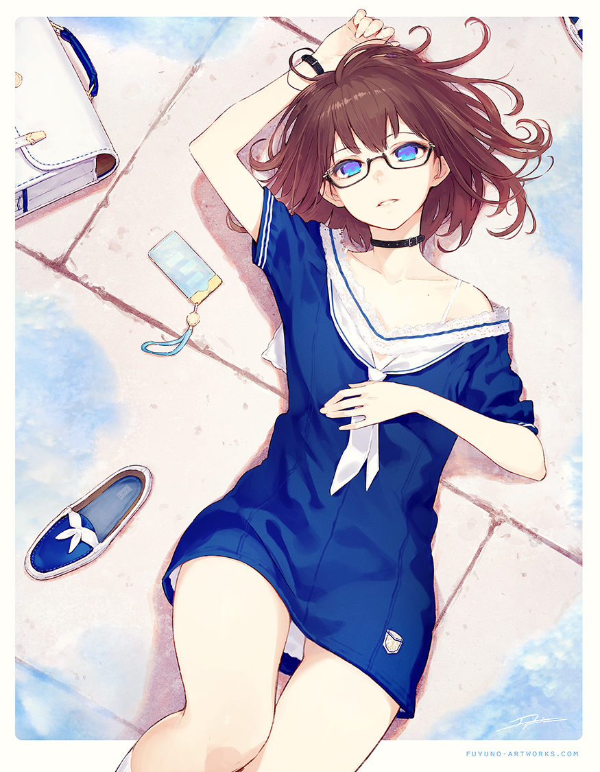 arm_up artist_name bangs black-framed_eyewear blue_dress bracelet briefcase brown_hair cellphone choker collarbone commentary_request dress from_above fuyuno_yuuki glasses jewelry knee_up looking_at_viewer lying medium_hair mole mole_on_body off_shoulder on_back original outside_border panties pantyshot pantyshot_(lying) parted_lips phone sailor_collar sailor_dress semi-rimless_eyewear shoes_removed short_dress short_sleeves signature smartphone solo underwear watermark web_address white_legwear white_neckwear white_panties