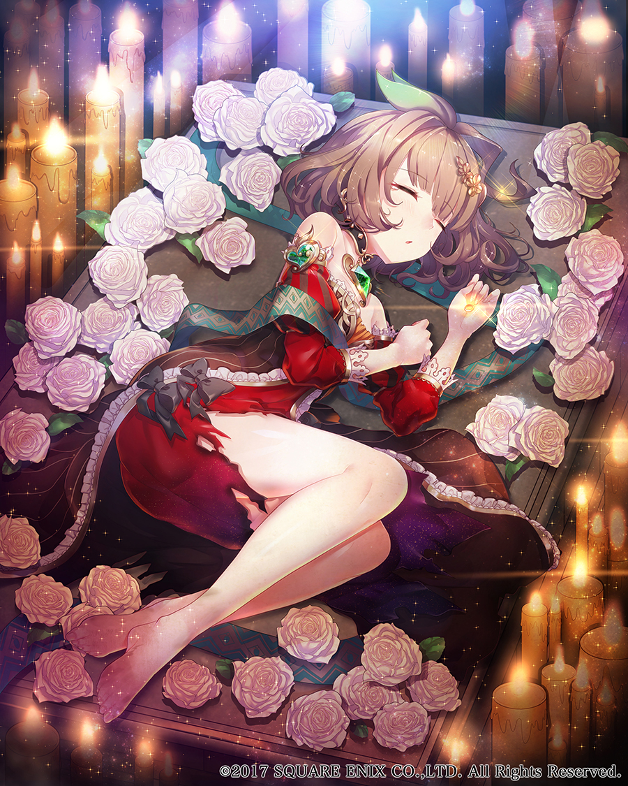 bare_shoulders barefoot bow brown_hair candle character_request detached_sleeves dress flower glint hair_bow hair_ornament indoors jewelry lying medium_hair official_art on_side puffy_sleeves red_dress sleeping toshi_gahara venus_rumble watermark