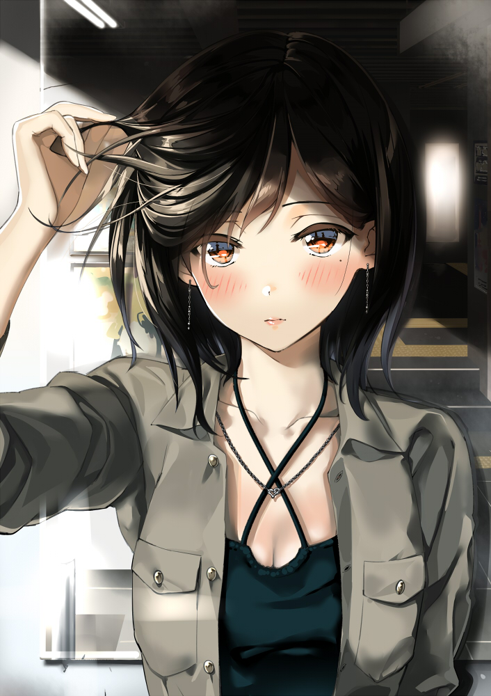 arm_up bangs blush breasts brown_eyes casual cleavage closed_mouth commentary_request criss-cross_halter day hair_tousle halterneck hand_in_hair jacket kinugasa_yuuichi lips looking_at_viewer mole mole_under_eye open_clothes open_jacket original outdoors parking_garage short_hair solo upper_body
