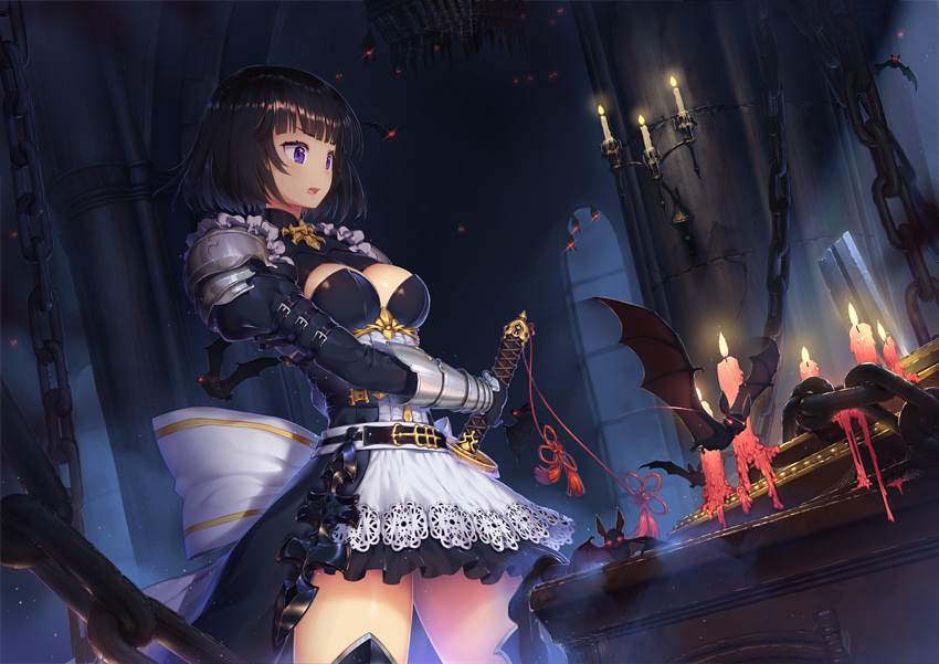 altar armor bangs bat black_dress black_hair blunt_bangs breasts candle chain cleavage dress erika_(shadowverse) fire gauntlets indoors looking_to_the_side night official_art purple_eyes red_eyes shadowverse sheath sheathed short_hair solo standing sword weapon zimajiang