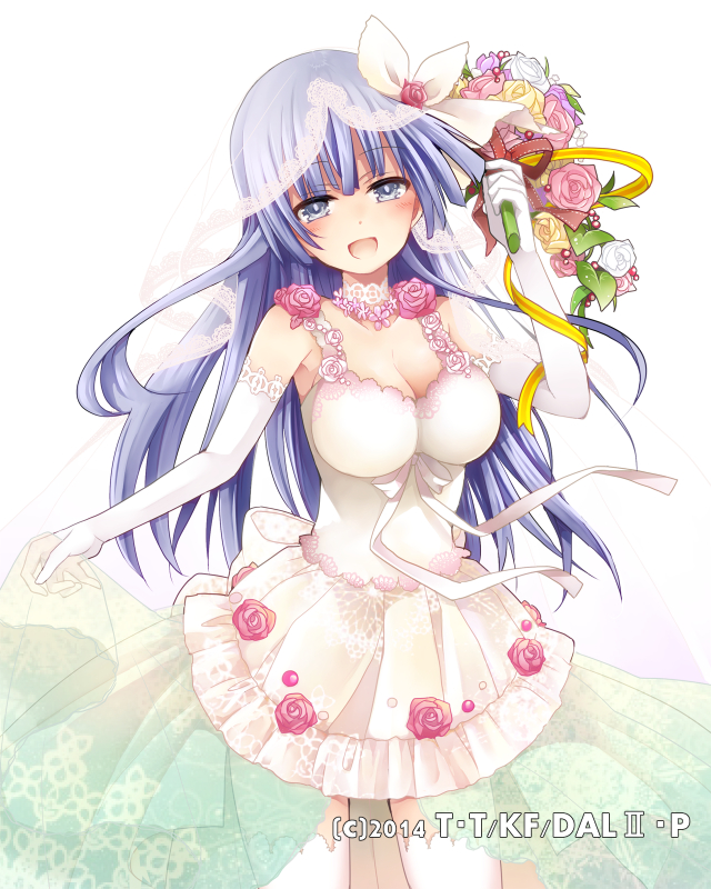 :d blush bouquet breasts bridal_veil choker cleavage collarbone cowboy_shot date_a_live dress elbow_gloves floating_hair flower gloves hair_flower hair_ornament hair_ribbon hibiki_mio holding holding_bouquet izayoi_miku long_hair looking_at_viewer medium_breasts open_mouth pink_flower purple_hair ribbon short_dress silver_eyes simple_background sleeveless sleeveless_dress smile solo standing thighhighs veil very_long_hair white_background white_dress white_gloves white_legwear white_ribbon zettai_ryouiki