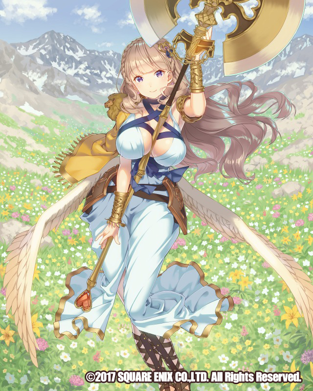 armlet axe between_breasts blue_dress blue_sky bracer braid breasts cleavage cloud dated day dress field flower flower_field full_body hair_ornament holding holding_weapon huge_weapon large_breasts long_hair looking_at_viewer mountain official_art outdoors purple_eyes sky smile tomiwo venus_rumble very_long_hair watermark weapon wings