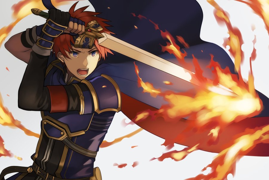 armor aym_(ash3ash3ash) blue_armor blue_eyes cape fire fire_emblem fire_emblem:_fuuin_no_tsurugi gloves headband looking_at_viewer male_focus open_mouth red_hair roy_(fire_emblem) short_hair simple_background sword weapon