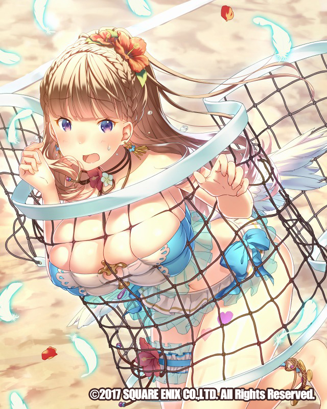 :o anklet bangs barefoot bikini blonde_hair blue_bikini blue_bow blunt_bangs blush bow braid breasts company_name crown_braid earrings feathered_wings feathers flower flying_sweatdrops frilled_bikini frills hair_flower hair_ornament heart hibiscus jewelry large_breasts leg_garter long_hair necklace official_art outdoors outstretched_hand panicking purple_eyes sand skindentation stuck sweatdrop swimsuit tomiwo venus_rumble volleyball volleyball_net watermark wings