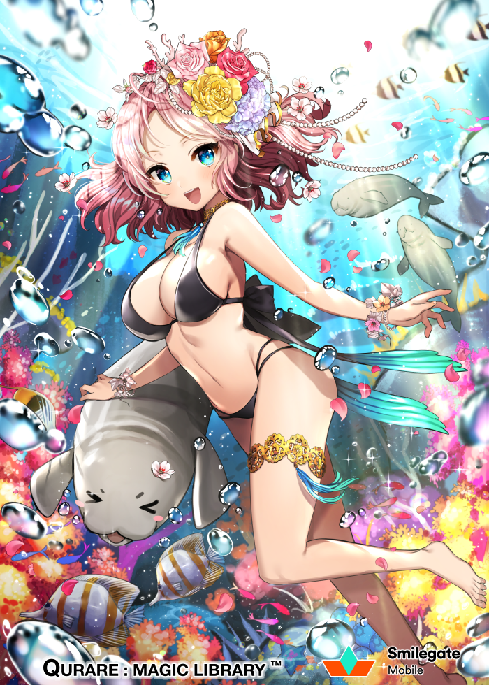 &gt;_&lt; :d air_bubble anklet bare_shoulders barefoot bikini black_bikini blue_eyes bracelet breasts bubble copyright_name day fish flower gambe hair_flower hair_ornament jewelry large_breasts light_rays looking_at_viewer manatee navel official_art open_mouth pink_flower pink_hair pink_rose qurare_magic_library red_flower red_rose rose short_hair smile solo swimsuit underwater watermark yellow_flower yellow_rose
