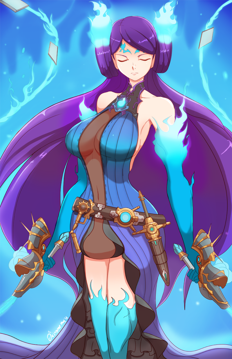 aqua_fire aqua_legwear aura banned_artist bare_shoulders belt big_hair breasts center_opening cleavage closed_eyes closed_mouth collarbone commentary dejaguar dual_wielding english_commentary fire gloves gold_trim hair_spread_out highres holding kagutsuchi_(xenoblade) long_hair looking_at_viewer loose_belt navel purple_hair see-through sideboob simple_background smile solo sword very_long_hair weapon xenoblade_(series) xenoblade_2