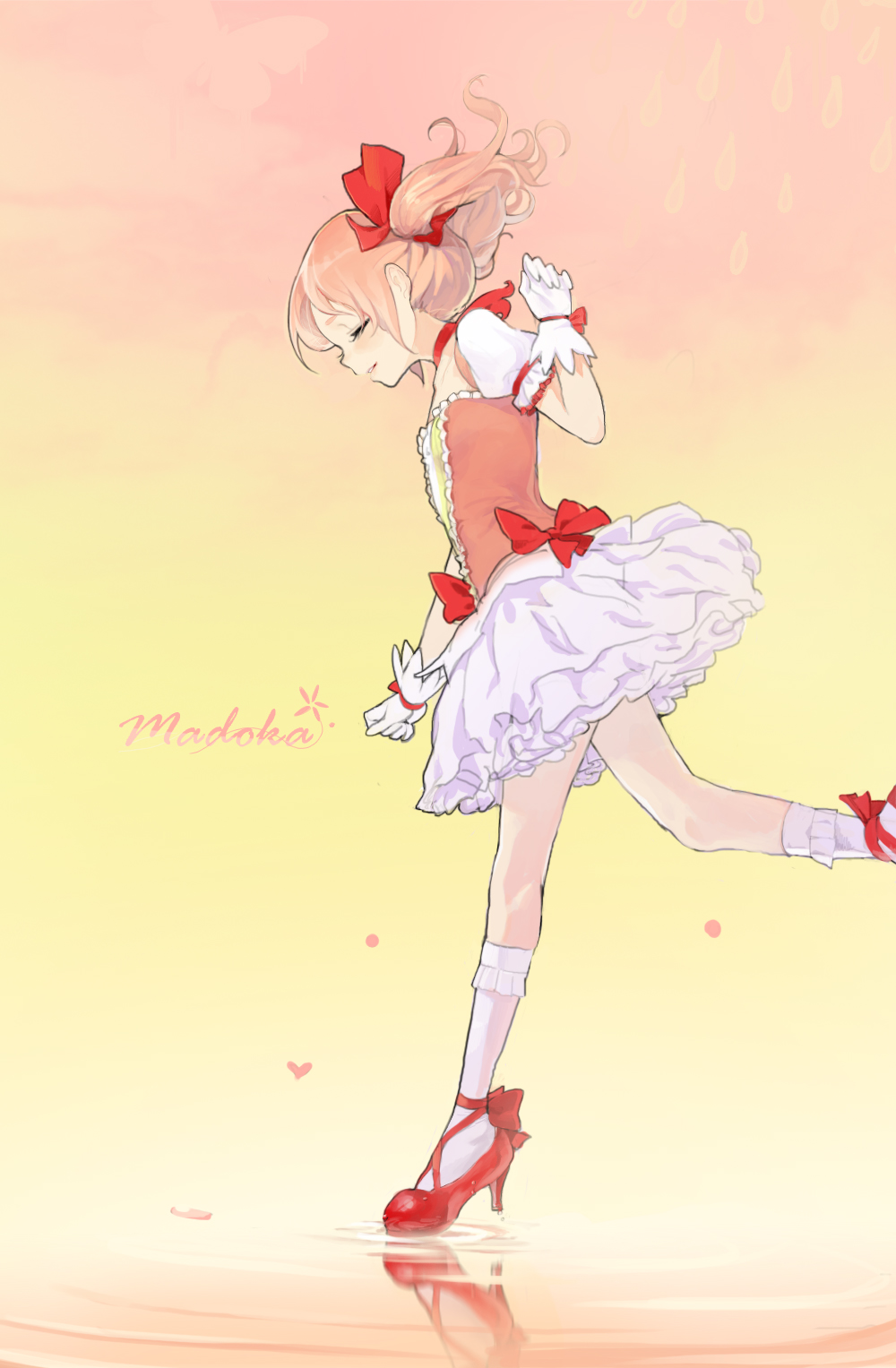 blush bow character_name closed_eyes closed_mouth doremi dress frilled_skirt frills from_side hair_bow high_heels highres kaname_madoka mahou_shoujo_madoka_magica pink pink_hair profile puffy_short_sleeves puffy_sleeves red_bow red_footwear ripples short_hair short_sleeves skirt smile socks solo standing standing_on_one_leg twintails walking walking_on_liquid white_legwear