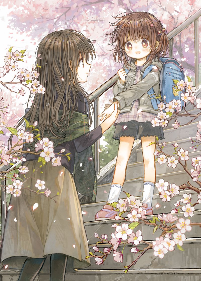 :d age_difference backpack bag black_hair black_legwear black_shirt black_shorts blush brown_eyes brown_hair cherry_blossoms clenched_hand drawstring grey_jacket grey_skirt hair_bobbles hair_ornament holding_hands hood hood_down hooded_jacket itou_hachi jacket long_hair long_skirt looking_at_another multiple_girls open_mouth original pantyhose petals pink_footwear plaid plaid_shawl plaid_shirt randoseru shawl shirt shoes shorts skirt smile socks stairs standing two_side_up white_legwear