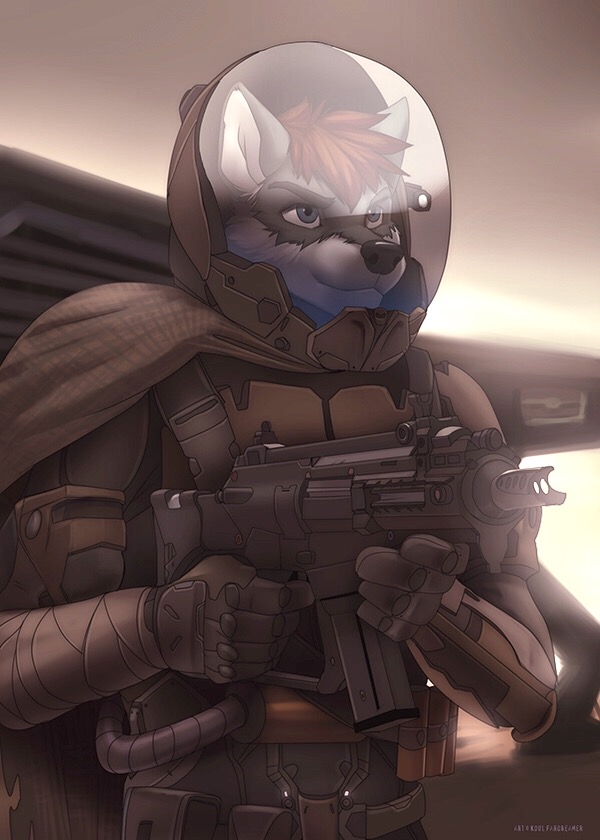 2018 5_fingers anthro armor black_nose blue_eyes brown_hair canine cape clothing fur g36 g36c grey_fur hair joe_(physicswolf) koul mammal space star_citizen weapon white_fur wolf