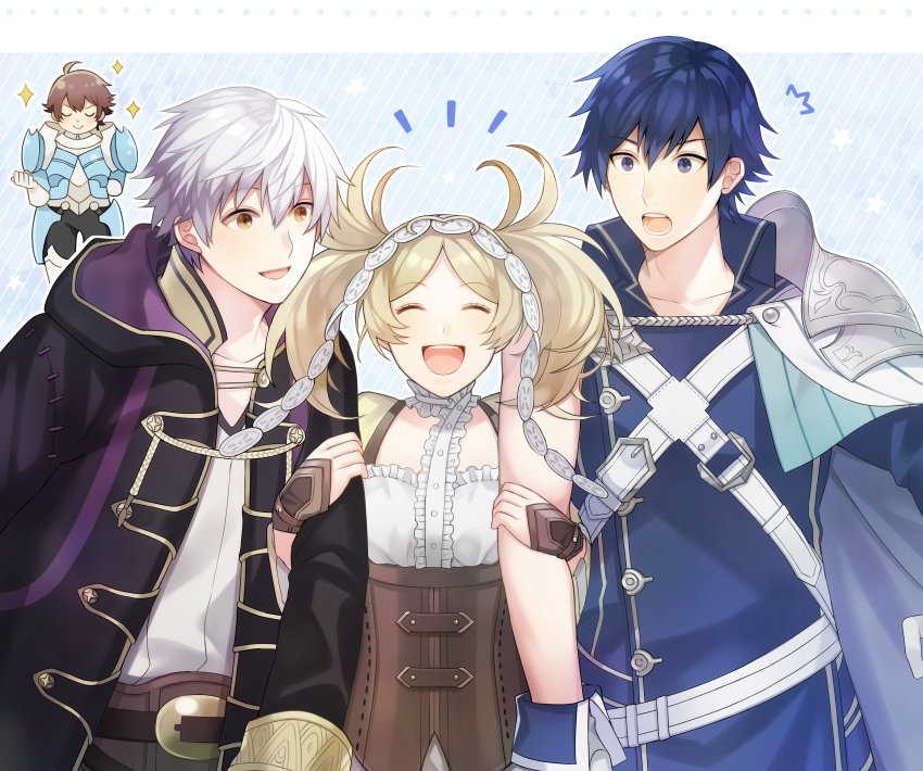 armor aym_(ash3ash3ash) blonde_hair blue_eyes blue_hair brown_eyes brown_hair dress fire_emblem fire_emblem:_kakusei fire_emblem_heroes frederik_(fire_emblem) hair_ornament krom liz_(fire_emblem) long_hair male_my_unit_(fire_emblem:_kakusei) multiple_boys multiple_girls my_unit_(fire_emblem:_kakusei) open_mouth short_hair short_twintails simple_background smile twintails weapon white_hair
