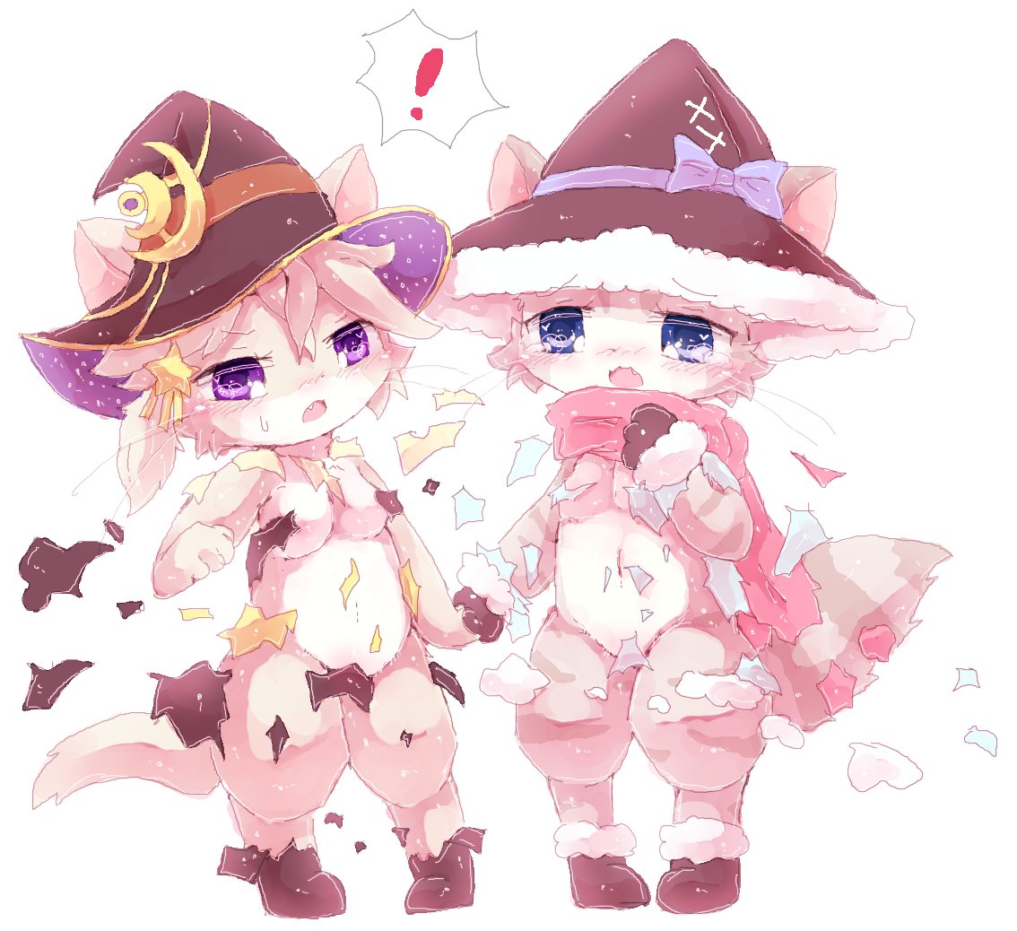 2girls artist_request blonde_hair blue_eyes cat cat_busters damaged_clothes furry purple_eyes