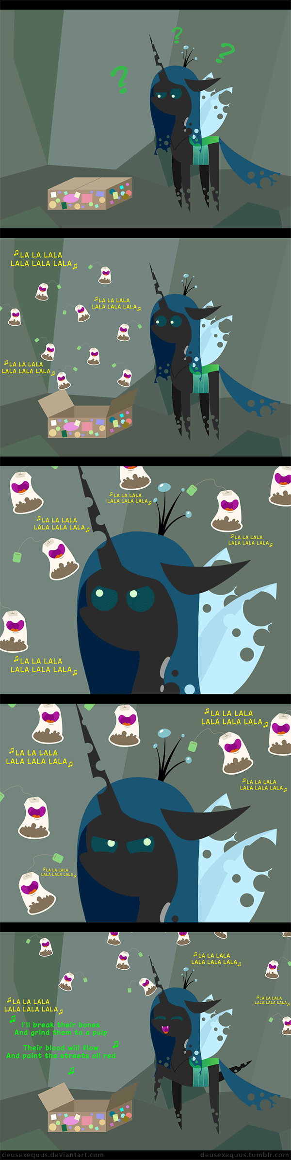 2018 animated box changeling comic dancing deusexequus english_text feathers female feral friendship_is_magic hair horn my_little_pony queen_chrysalis_(mlp) singing solo text wings