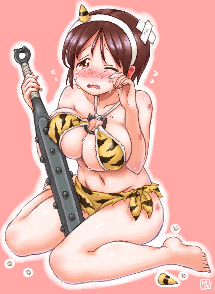 animal_print bandaged_head bandages bare_arms bare_legs bare_shoulders barefoot beans between_legs breasts brown_eyes brown_hair bruise club commentary_request covered_nipples crying crying_with_eyes_open fake_horns fang fingernails flying_sweatdrops fukidamari_no_peke hairband hand_up holding holding_weapon injury kanabou kantai_collection large_breasts miniskirt natori_(kantai_collection) o-ring o-ring_top one_eye_closed oni oni_horns open_mouth outline pink_background setsubun short_hair side-tie_skirt sitting skirt solo spiked_club tears thighs tiger_print toenails underboob wariza wavy_mouth weapon white_hairband white_outline wiping_tears yellow_skirt