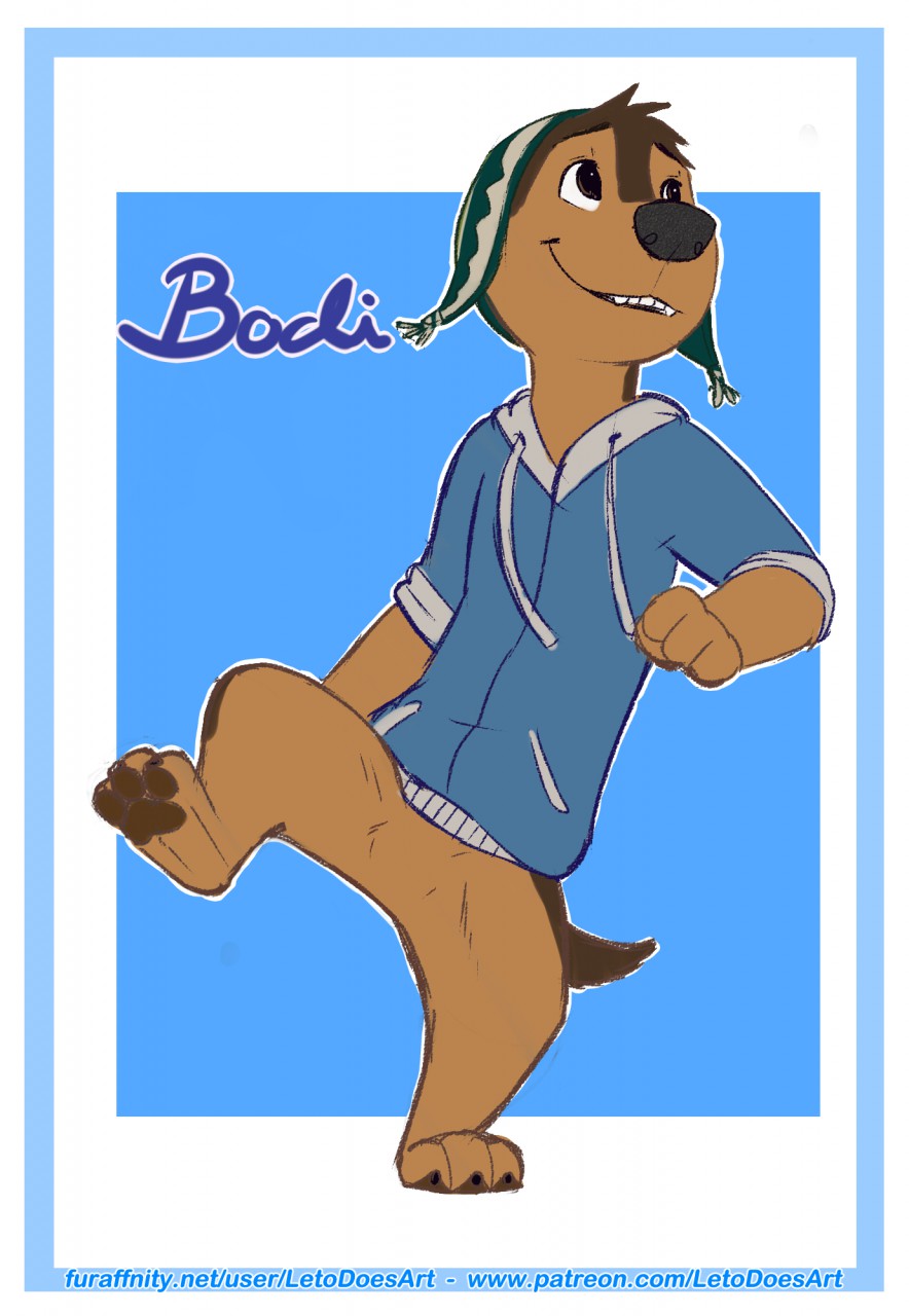 anthro bodi bottomless brown_fur canine clothed clothing dog fur happy hat hi_res hoodie letodoesart male mammal rock_dog simple_background solo