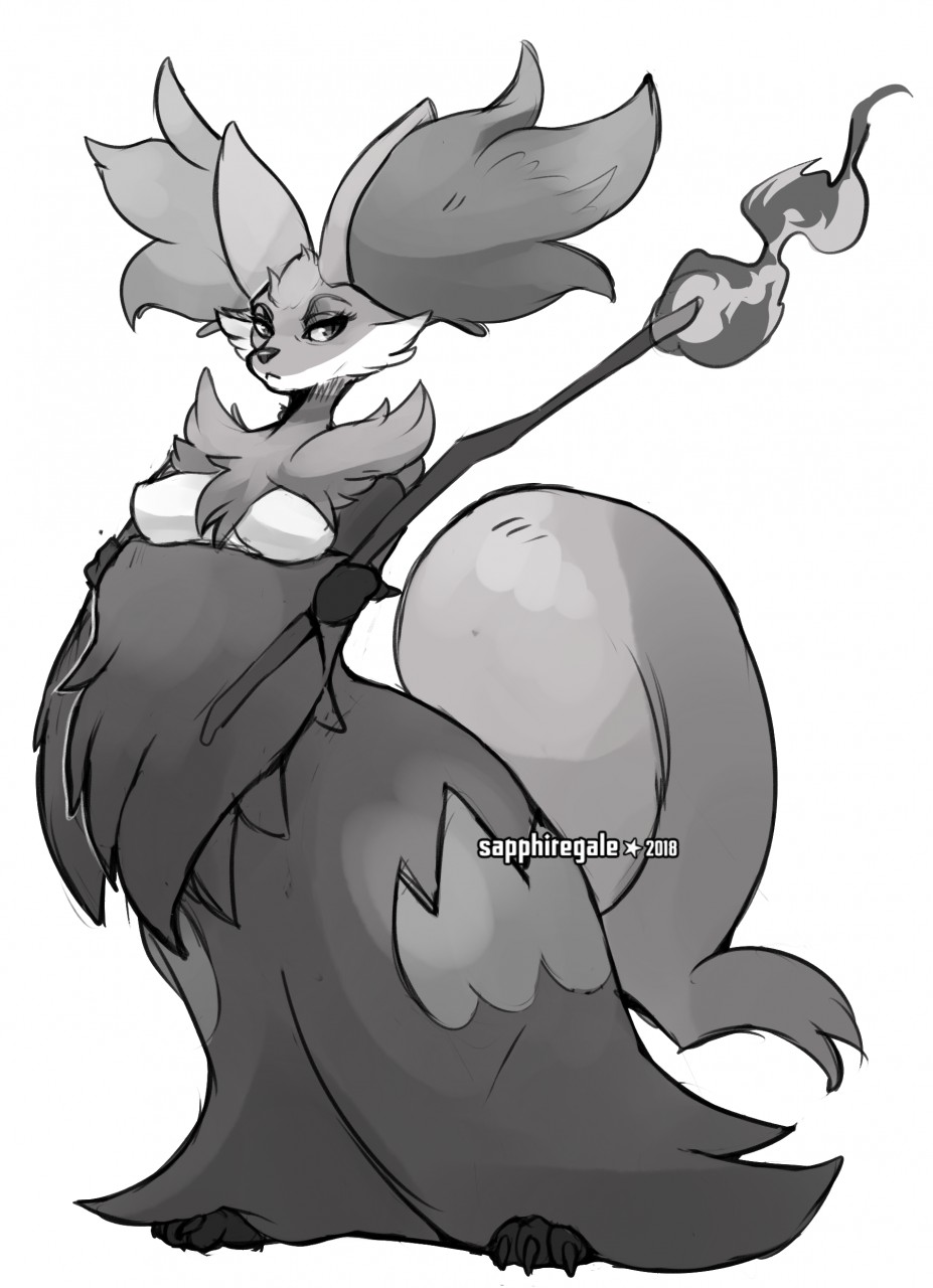 2018 angry anthro black_and_white breasts crossed_arms delphox female fire grumpy looking_at_viewer monochrome nintendo pok&eacute;mon pok&eacute;mon_(species) sapphire-gale simple_background slit_pupils solo stick video_games wide_hips