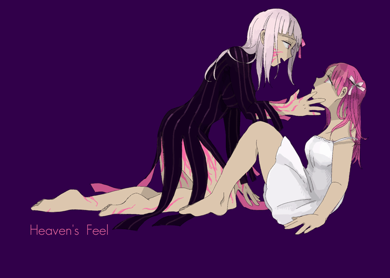 asami_(space_neko) barefoot black_dress collarbone dark_persona dark_sakura dress dual_persona fate/stay_night fate_(series) hair_ribbon hand_on_another's_cheek hand_on_another's_face heaven's_feel kneeling legs_folded limited_palette long_sleeves looking_at_another matou_sakura multiple_girls off_shoulder parted_lips purple_background purple_hair red_ribbon ribbon selfcest simple_background sitting strap_slip striped striped_dress turtleneck veins vertical-striped_dress vertical_stripes white_dress white_hair white_ribbon yuri