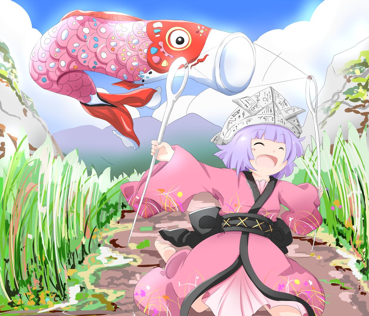 ^_^ barefoot blue_sky blush_stickers closed_eyes cloud commentary_request day facing_to_the_side grass happy japanese_clothes kikurage_(sugi222) kimono kodomo_no_hi koinobori lavender_hair long_sleeves minigirl mountain needle obi open_mouth outdoors outstretched_arms paper_hat paper_kabuto petticoat road running sash short_hair sky solo spread_arms sukuna_shinmyoumaru touhou