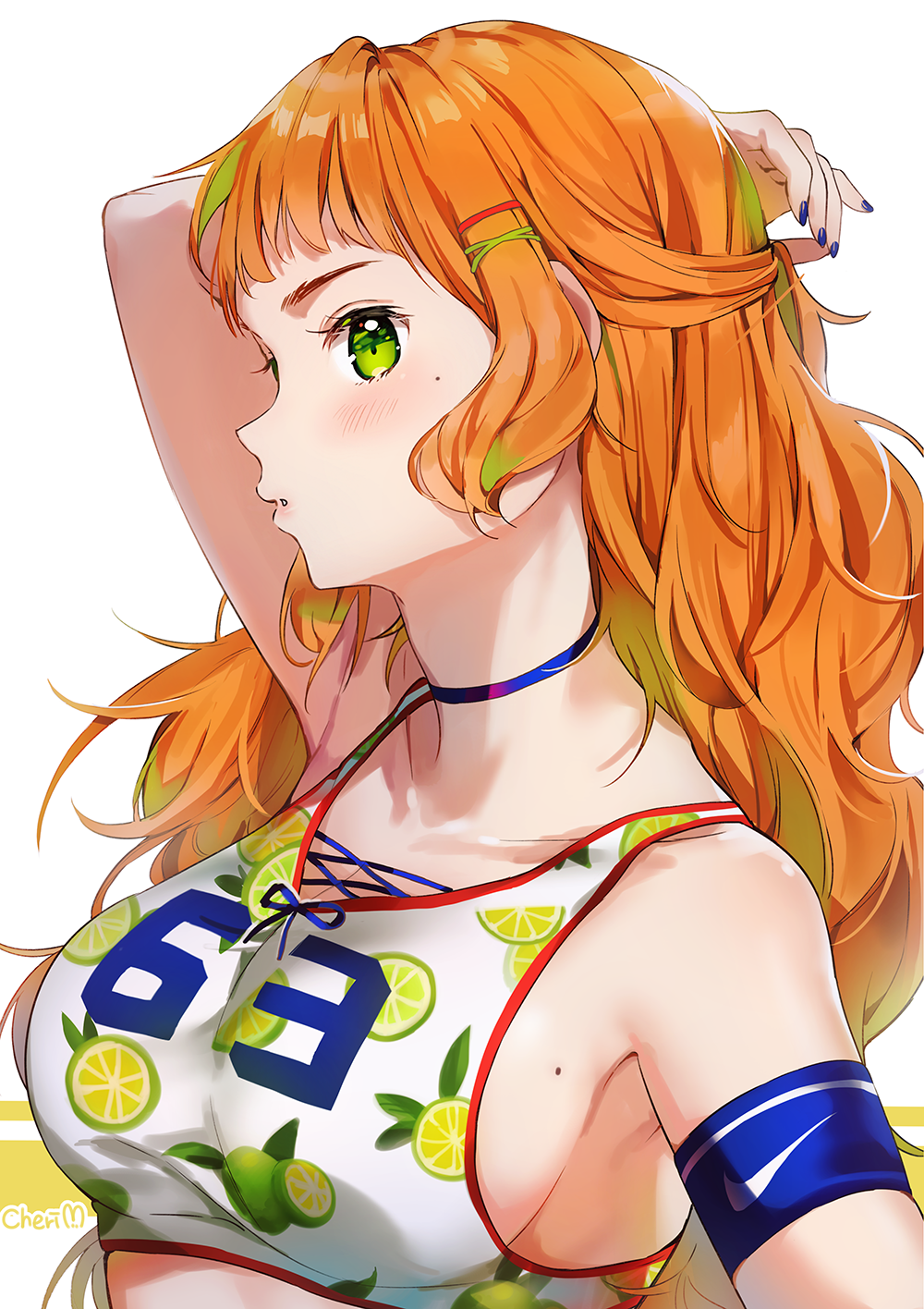 :o arm_behind_head armband bangs bare_shoulders blue_choker blue_nails blush breasts bustier cherim choker commentary food fruit green_eyes green_hair hair_ornament half_updo highres large_breasts lime_(fruit) lime_print long_hair looking_at_viewer mole mole_on_breast mole_under_eye multicolored_hair nail_polish orange_hair sideboob solo upper_body white_background