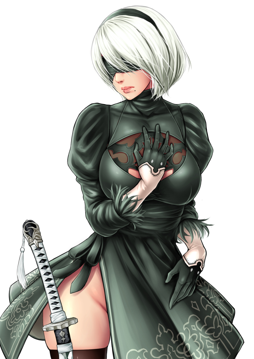 bangs black_blindfold black_dress black_hairband blindfold breasts cleavage_cutout covered_eyes cowboy_shot dress feather-trimmed_sleeves hairband hand_on_hip hand_on_own_chest highres juliet_sleeves large_breasts long_sleeves looking_to_the_side mole mole_under_mouth nier_(series) nier_automata nose pink_lips planted_sword planted_weapon puffy_sleeves rokko shiny shiny_clothes shiny_skin short_dress short_hair side_slit silver_hair simple_background skindentation sword thighhighs thighs turtleneck vambraces weapon white_background wide_hips yorha_no._2_type_b