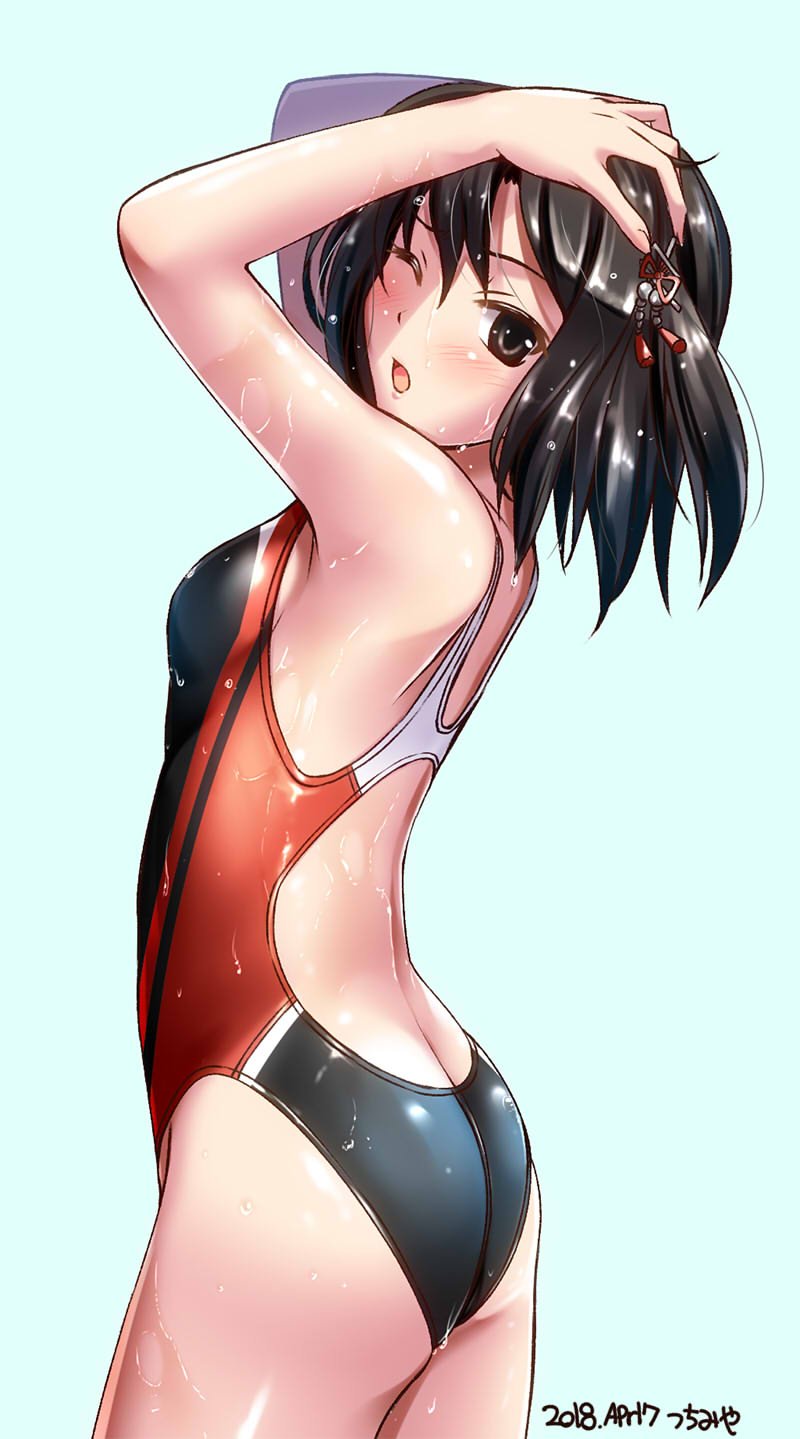 artist_name ass black_hair black_swimsuit blue_background breasts brown_eyes butt_crack competition_swimsuit cowboy_shot dated from_behind hair_ornament hands_on_own_head highres kantai_collection one-piece_swimsuit remodel_(kantai_collection) sendai_(kantai_collection) short_hair simple_background small_breasts solo standing swimsuit tsuchimiya two_side_up wet wet_clothes wet_hair wet_swimsuit
