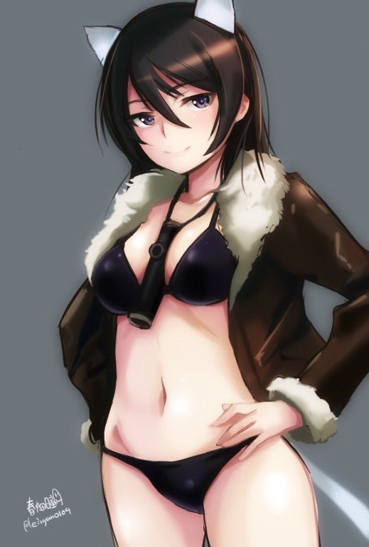 adolfine_galland animal_ears artist_name between_breasts bikini black_bikini black_hair blue_eyes breasts brown_jacket cat_ears cat_tail cowboy_shot fur-trimmed_jacket fur_trim grey_background hands_on_hips haruhata_mutsuki jacket long_hair looking_at_viewer medium_breasts simple_background smile solo strike_witches swimsuit tail twitter_username world_witches_series
