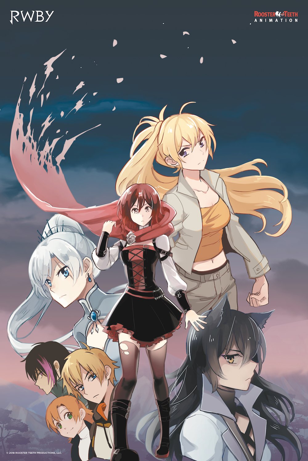 5girls amputee animal_ears blake_belladonna blonde_hair cat_ears commentary corset highres kuma_(bloodycolor) lie_ren multiple_boys multiple_girls navel nora_valkyrie official_art poster_(object) roosterteeth ruby_rose rwby scar scar_across_eye thighhighs torn_clothes torn_legwear weiss_schnee yang_xiao_long