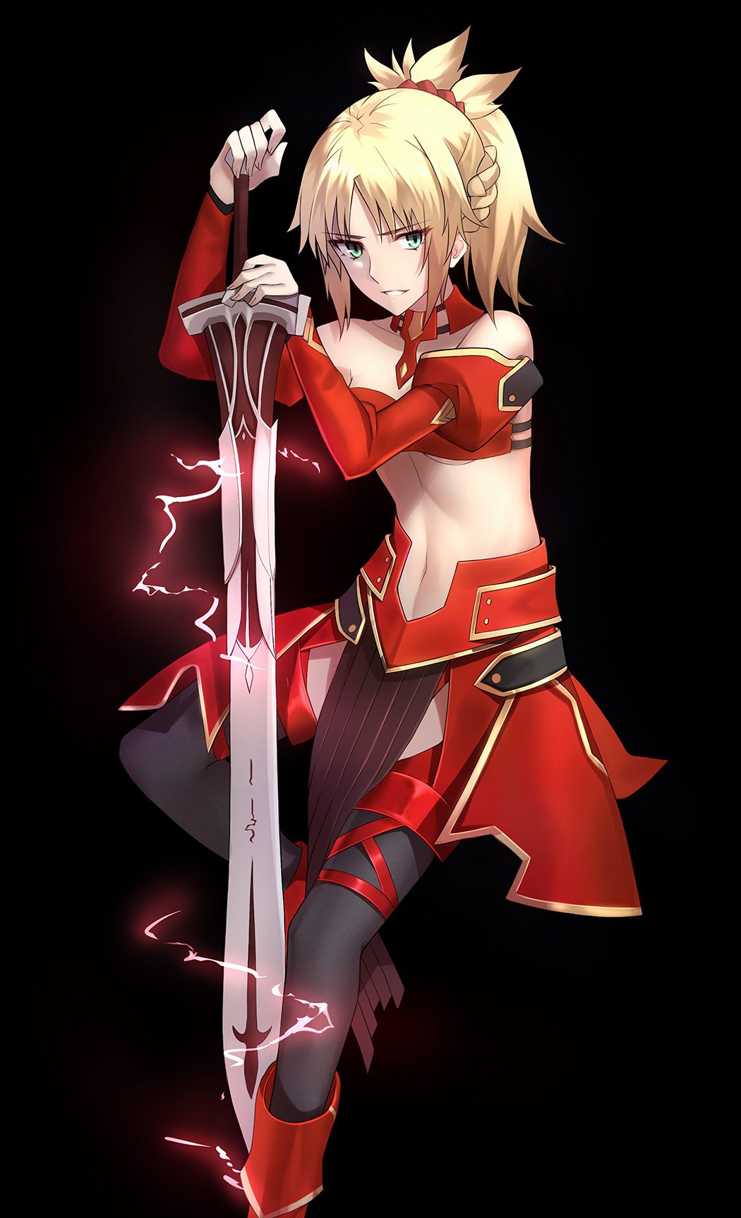 bare_shoulders black_background breasts clarent commentary_request detached_sleeves fate/apocrypha fate/grand_order fate_(series) green_eyes highres looking_at_viewer mordred_(fate)_(all) navel planted_sword planted_weapon ponytail red_scrunchie scrunchie shiguru small_breasts solo sword thighhighs underboob weapon