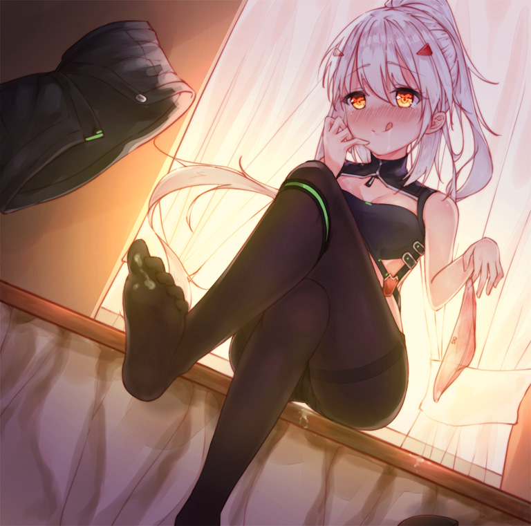:q ayanami_(azur_lane) azur_lane black_legwear black_shorts blush bow bow_panties breasts brown_eyes cleavage closed_mouth crossed_legs curtains drooling dutch_angle glowing glowing_eyes hair_ornament hand_up high_ponytail holding holding_panties long_hair medium_breasts no_shoes nose_blush panties panties_removed panties_under_pantyhose pantyhose pink_panties ponytail prpr_friends saliva short_shorts shorts shorts_removed silver_hair sitting smile soles solo suggestive_fluid thighband_pantyhose tongue tongue_out transparent underwear very_long_hair window
