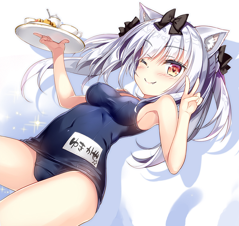 ;) animal_ears azur_lane bangs bare_arms bare_shoulders black_bow blue_swimsuit blush bow breasts cat_ears commentary_request cookie covered_navel covered_nipples cup dutch_angle eyebrows_visible_through_hair fang fang_out fingernails food fujima_takuya hair_between_eyes hair_bow hand_up holding holding_tray long_hair looking_at_viewer medium_breasts name_tag old_school_swimsuit one-piece_swimsuit one_eye_closed red_eyes school_swimsuit silver_hair smile solo sparkle swimsuit teacup teapot tray twintails v yukikaze_(azur_lane)