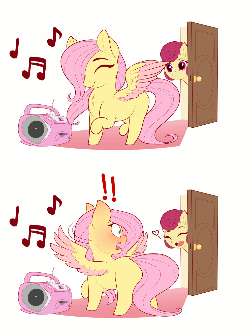 ! &lt;3 2018 animated blush boombox dancing daughter digital_media_(artwork) door duo embarrassed equine evehly eyes_closed feathered_wings feathers female feral fluttershy_(mlp) friendship_is_magic hair hi_res mammal mother mother_and_daughter mrs_shy_(mlp) multicolored_feathers musical_note my_little_pony open_mouth parent pegasus pink_hair smile wings