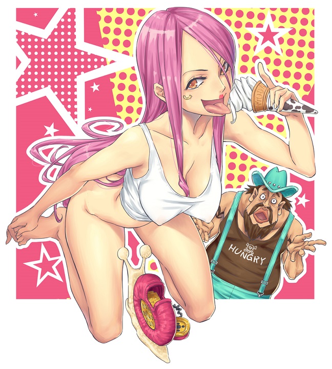 1boy 1girl 2016 alsea bare_arms bare_legs bare_shoulders barefoot beard bottomless breasts cleavage erect_nipples feet food hair_between_eyes ice_cream ice_cream_cone jewelry_bonney kneeling large_breasts legs lips lipstick long_hair looking_at_viewer makeup no_panties one_piece open_mouth orange_eyes overalls piercing pink_eyes pink_hair see-through shirt shrug simple_background sleeveless star suspenders tank_top thighs toes tongue tongue_out underwear white_shirt