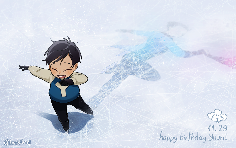 1boy animal black_hair black_pants character_name commentary commentary_request dated dog english_commentary eyes_closed full_body gloves hachibani happy happy_birthday ice image_sample katsuki_yuuri long_sleeves makkachin male_focus one_leg_raised open_mouth pants reflection shadow short_hair skating smile standing tumblr_sample yuri!!!_on_ice