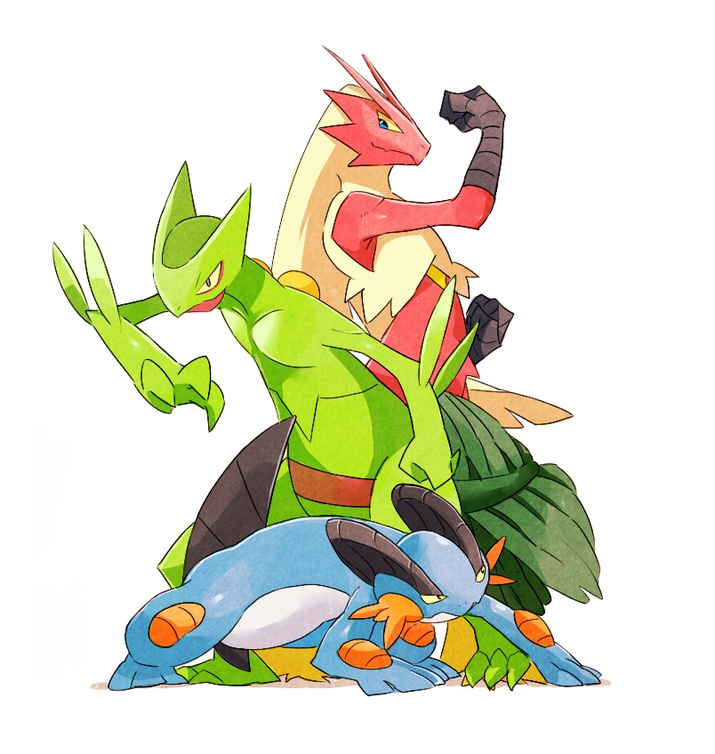 ambiguous_gender blaziken blue_body blue_eyes cropped feathers green_body group leaf_tail nintendo pok&eacute;mon pok&eacute;mon_(species) red_feathers sceptile simple_background smile swampert video_games whip white_background yellow_feathers yellow_sclera ばん