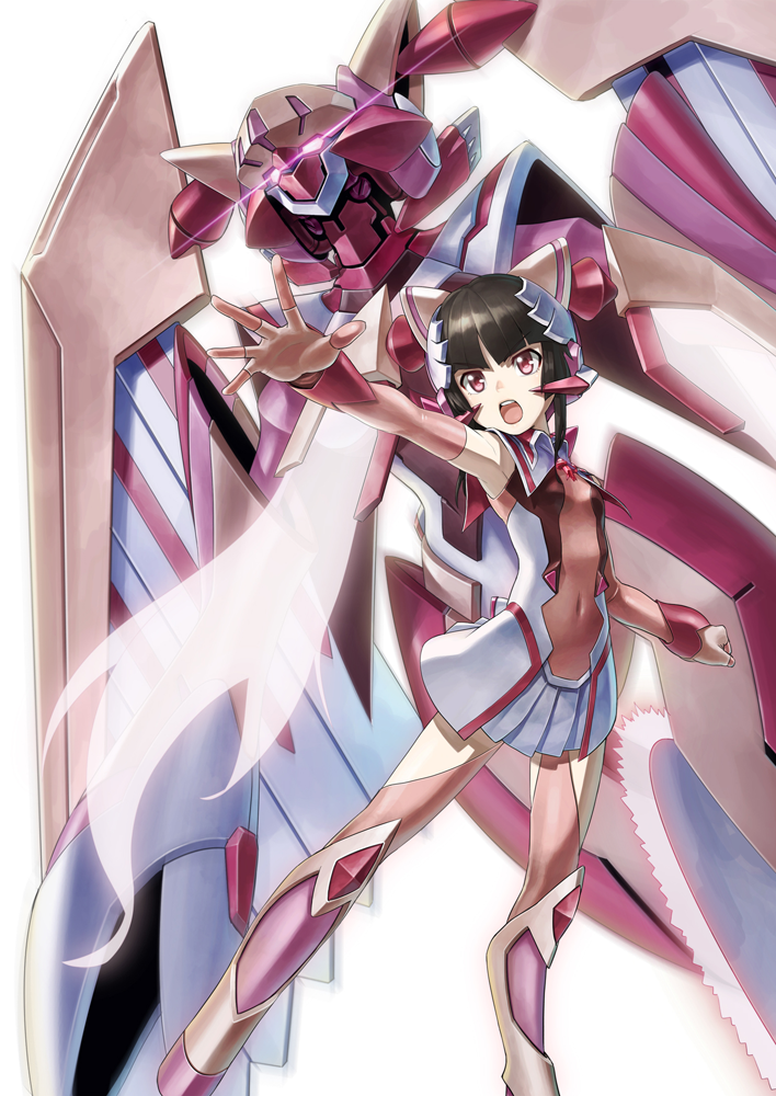 armpits bangs bare_shoulders black_hair blunt_bangs circular_saw clenched_hand covered_navel elbow_gloves gloves glowing glowing_eyes long_hair open_mouth outstretched_arm pink_eyes senki_zesshou_symphogear skirt solo tsukuyomi_shirabe tyuga
