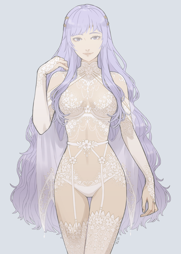 bra breasts corset diadora_(fire_emblem) fire_emblem fire_emblem:_seisen_no_keifu garter_belt garters iktk lace lace-trimmed_thighhighs lace_bra lace_panties lavender_hair lingerie long_hair looking_at_viewer navel panties purple_eyes purple_hair smile solo thighhighs underwear underwear_only white_bra