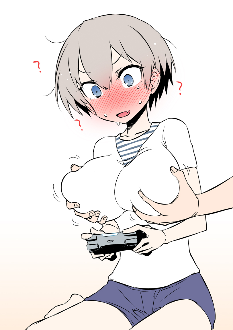 :d ? blue_eyes blush breast_grab breasts controller ear_blush fang game_controller grabbing grabbing_from_behind grey_hair hair_between_eyes hitotose_rin large_breasts nose_blush open_mouth short_hair shorts simple_background smile solo_focus sweat sweating_profusely uzaki-chan_wa_asobitai! uzaki_hana v-shaped_eyebrows white_background